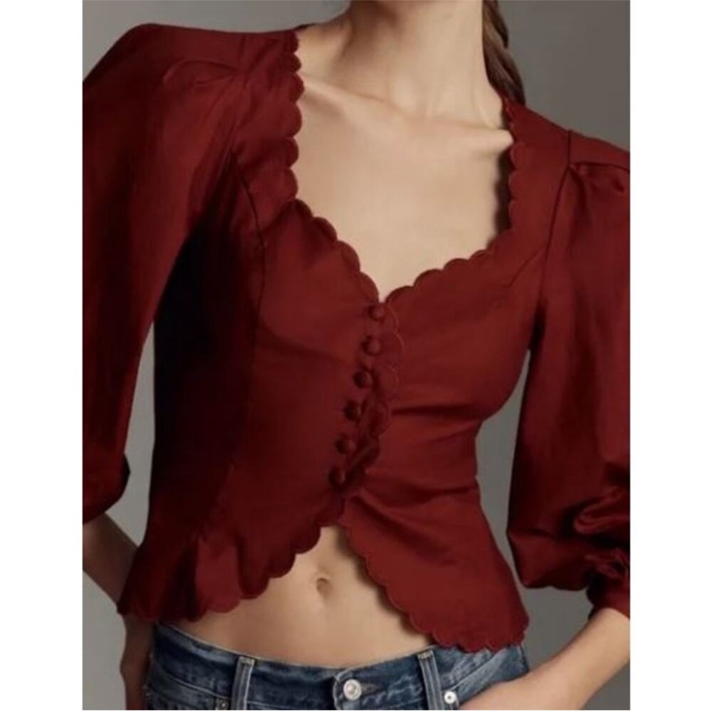Scallop Trim Puff Sleeve Crop Top - Burgundy